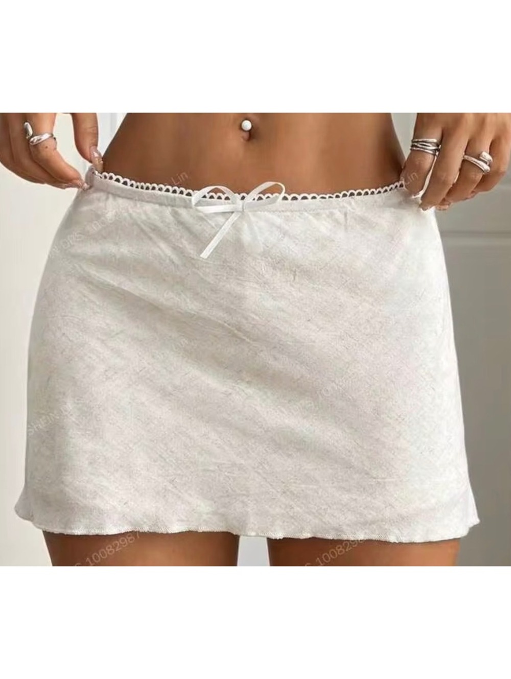 Beige Cottagecore Mini Skort with Lace Trim and Ribbon Tie Coquette